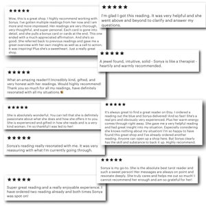May include: A collection of ten customer reviews displayed as white rectangular cards, each featuring five black stars at the top. The text within the cards expresses positive feedback regarding tarot reading services provided by a shop owner named Sonya.