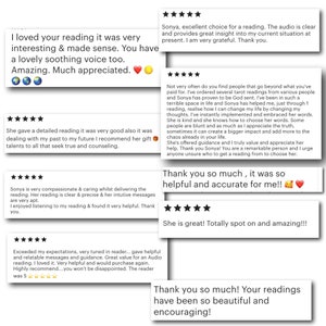 May include: A collection of white rectangular customer review cards featuring five-star ratings and written testimonials. The text includes phrases such as I loved your reading, Sonya excellent choice, She gave a detailed reading, and Thank you so much.