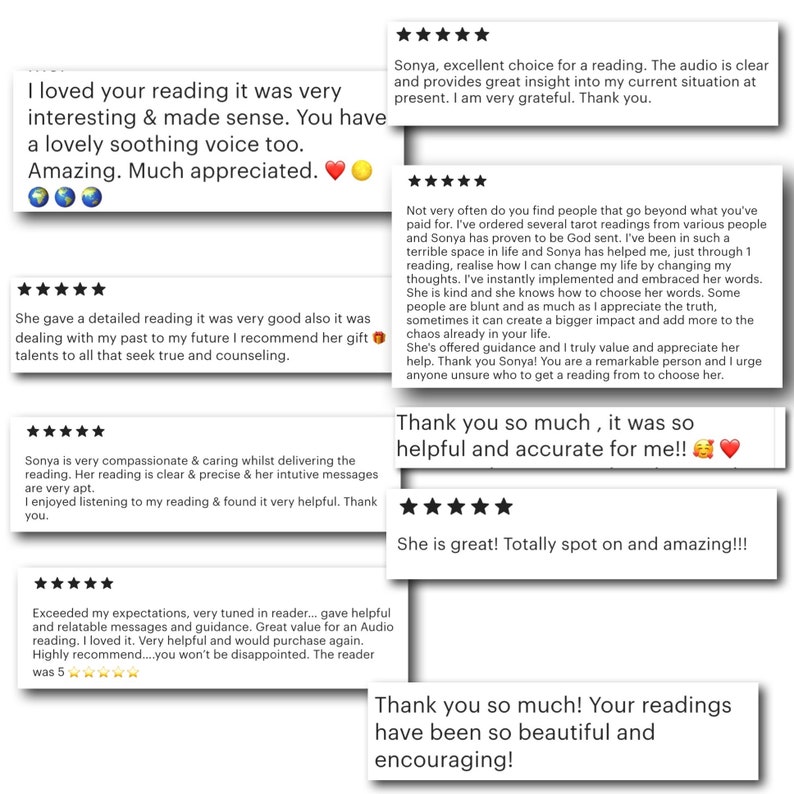 May include: A collection of white rectangular customer review cards featuring five-star ratings and written testimonials. The text includes phrases such as I loved your reading, Sonya excellent choice, She gave a detailed reading, and Thank you so much.
