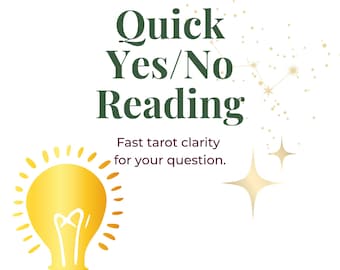 Pode incluir: Um design gráfico com o texto verde escuro Quick Yes/No Reading e o texto menor Fast tarot clarity for your question abaixo. Um ícone de lâmpada amarela está no canto inferior esquerdo e estrelas douradas estão à direita.