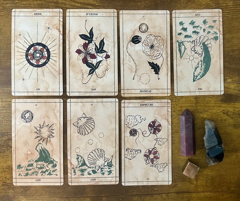 May include: Seven rectangular tarot cards with a vintage parchment-style background and ink-style illustrations, arranged in two rows. Beside the cards are three crystals: a tall pink hexagonal point, a dark jagged stone, and a small metallic cube.