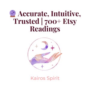 May include: A graphic featuring a purple crystal ball icon and the text Accurate, Intuitive, Trusted | 700+ Etsy Readings. Below is a circular logo with a watercolour hand, crescent moon, and stars, followed by the text Kairos Spirit in light pink.