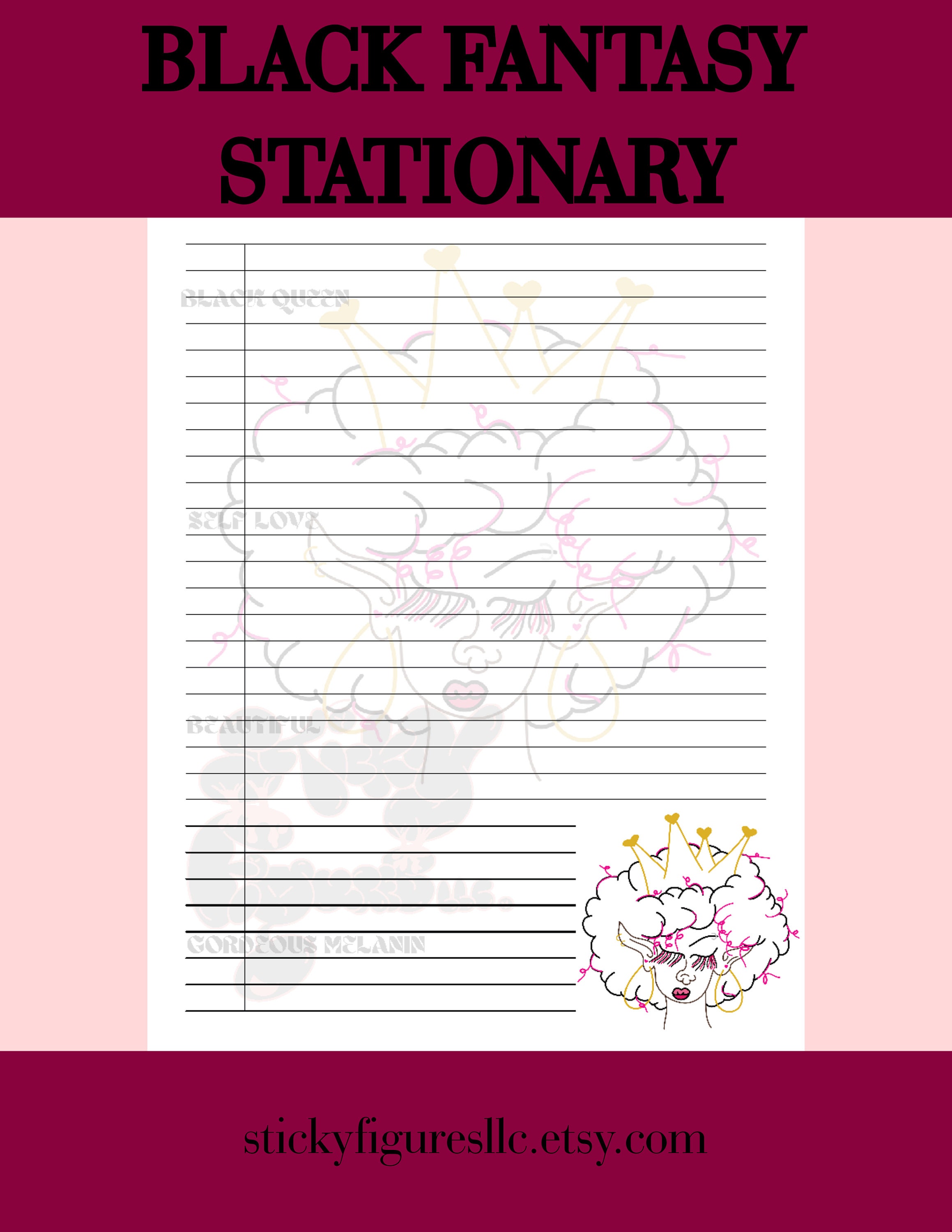 Printable Letter Writing Paper, Beautiful Black Queen 5 Page Digital and Printable Stationary ...