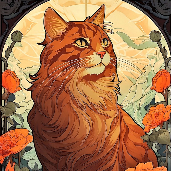 Long Hair Orange Cat and Roses Illustration Art Nouveau Decor Orange Cat Wall Art Cat Lover Printable Download Garden Kitty Illustrated Art