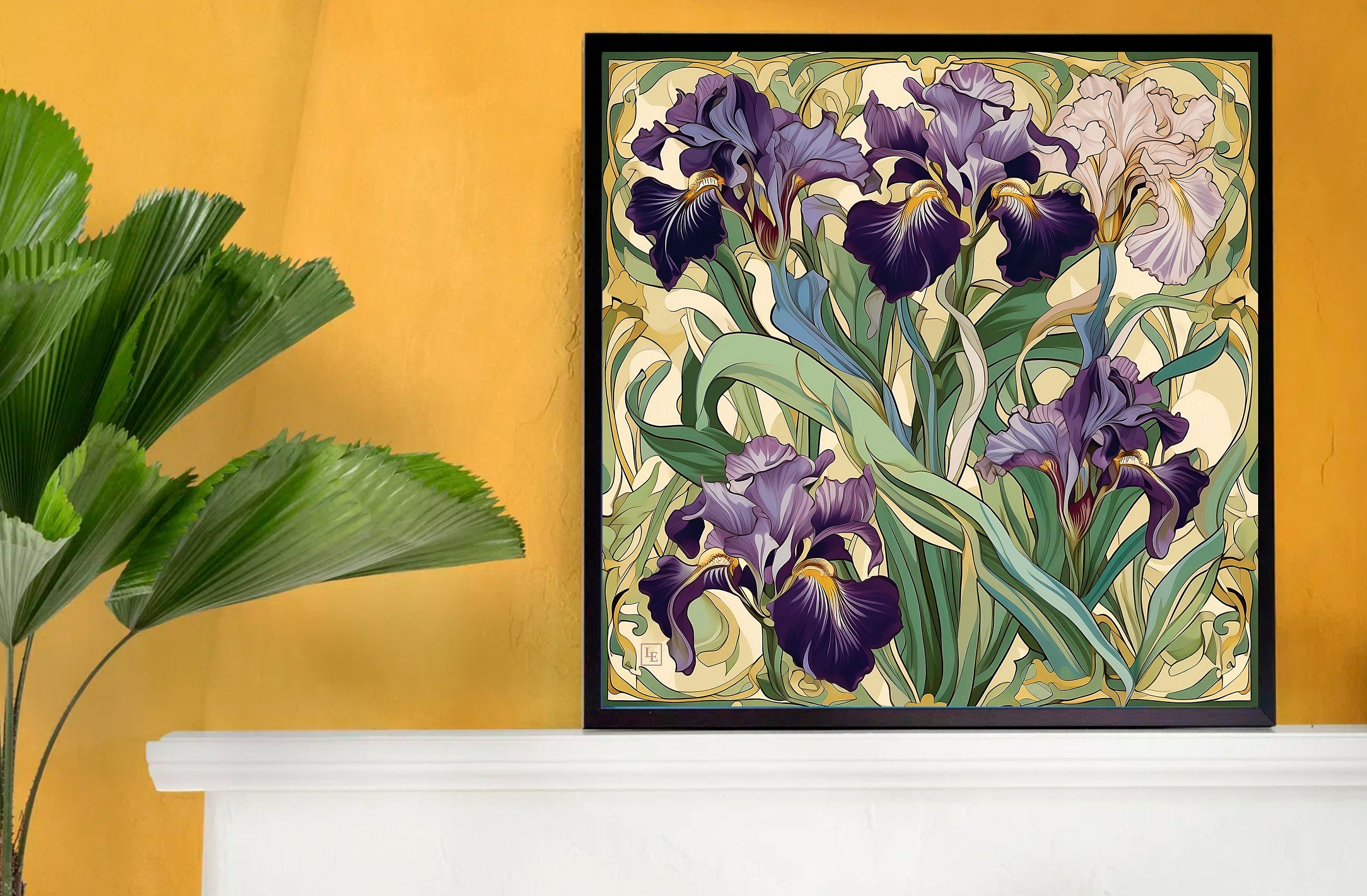 Stylized Purple Iris Group Illustration Digital Art Nouveau Garden ...