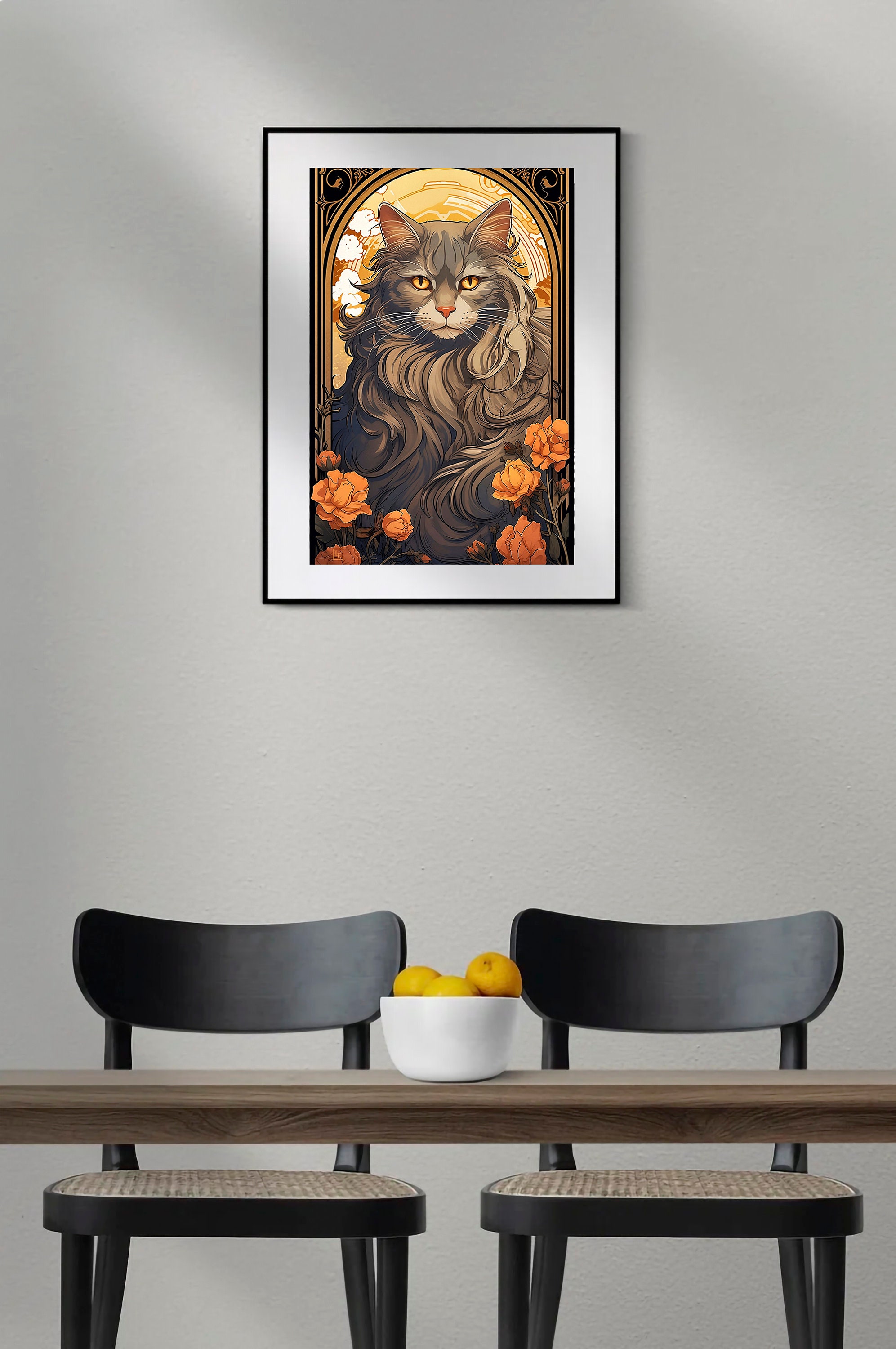 Long Hair Gray Cat and Orange Roses Illustration Art Nouveau - Etsy