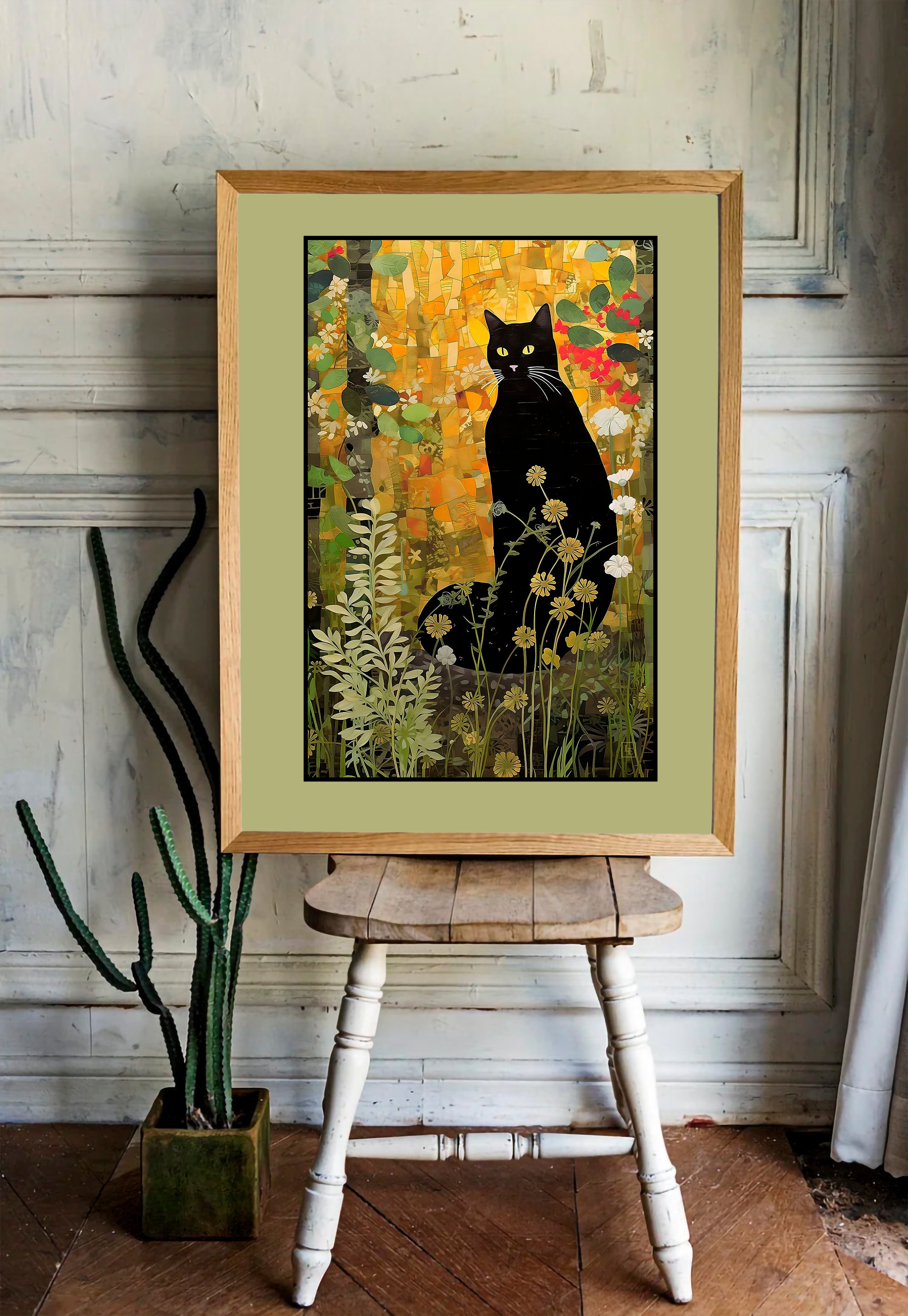 Black Cat in Sunlight Garden Illustration Abstract Feline Wall Art Cat ...