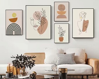 5pcs Boho Abstract Canvas Painting Woman Line Geometric Canvas Poster 29.97*39.88cm  Wall Art Living Room Decoration Home Decor No Frame