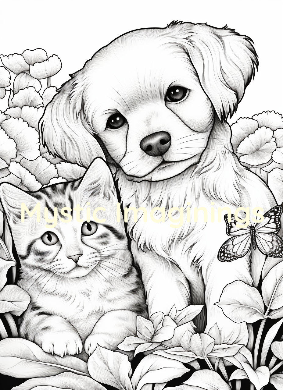 Printable Puppy and Kitten Coloring Pages for Kids. Twelve Colorings
