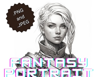 Portrait character art black and white, female, dungeons and dragons, RPG, light features, braided hair, fantasy warrior, dnd, digital.