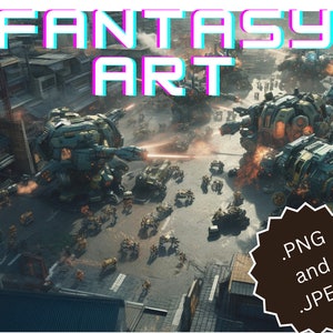 Robot battle, city streets, sci fi, awesome art, RPG, fantasy/future, dnd, digital.