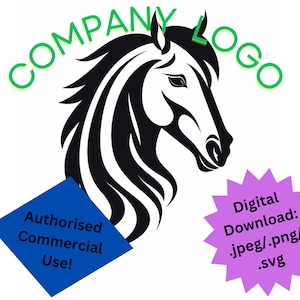 Logo for commercial use, horse shape.  Black and white.  Solid geometric design.  Digital Download.  Business, club, organisation, header.