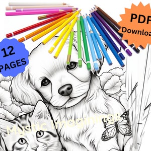 Printable puppy and kitten coloring pages for kids.  Twelve colorings. Digital pdf download.