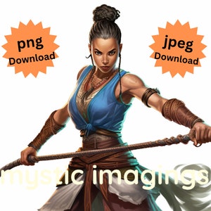 May include: A woman with dark brown skin and dark brown hair pulled back in a bun is wearing a blue and brown outfit and holding a long wooden staff. She is looking directly at the viewer with a serious expression. The background is white.