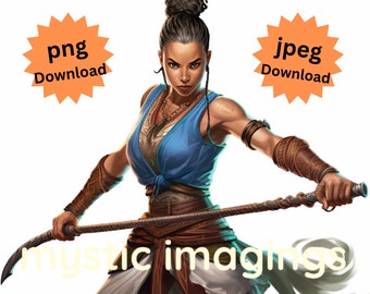 Female monk character art, dungeons and dragons, RPG, human, half elf, dark features, blue and brown clothing, fantasy, dnd, digital.