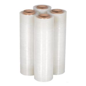 May include: Four rolls of clear plastic stretch wrap, each with a cardboard core. The rolls are standing upright against a white background. The plastic wrap is tightly wound and appears translucent.