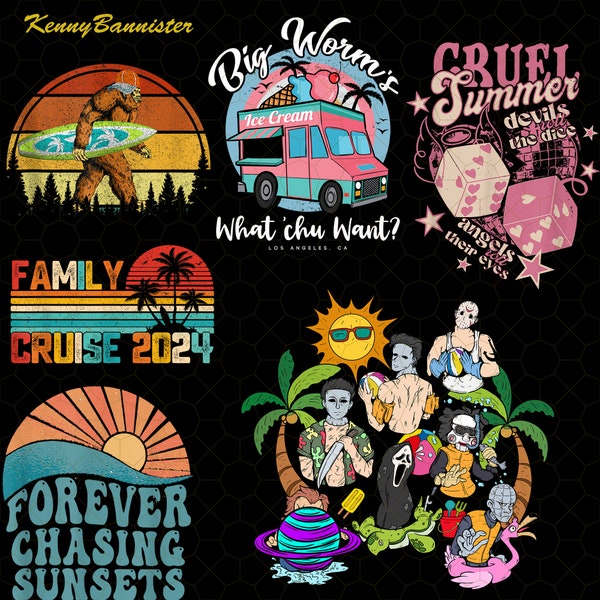 Bundle Horror Movie Killer Summer Vibes Png, Family Vacation Matching Png, Big Worm's Ice Cream Truck What Chu Want Men Summer Vacation Png