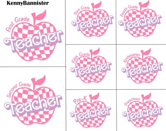 Bundle First 1st Grade Teacher Pink Doll Apple Back to School Png, First Grade Teacher Png, Teacher Gift Png, Pink School Png, Bundle School