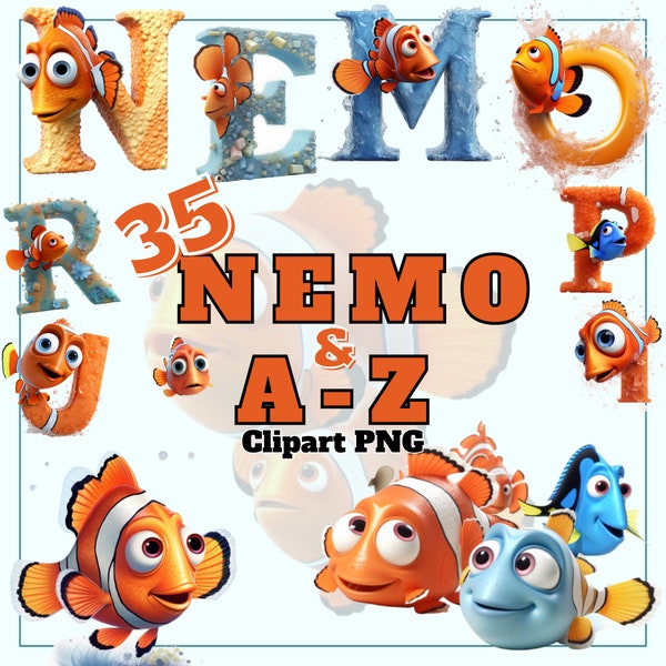 Collection de cliparts alphabet inspiré de Nemo, lettres de poisson ABC amusantes pour enfants, autocollants artisanaux colorés, Images de scrapbooking, Art mural trouver des amis de Nemo de A à Z