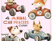 Animals Driving Cars Clipart, Cute Car Racing Clipart, Cute Animal Clipart, Nursery Wall Art Bundle, Clipart for Kids, Kids Party Invite