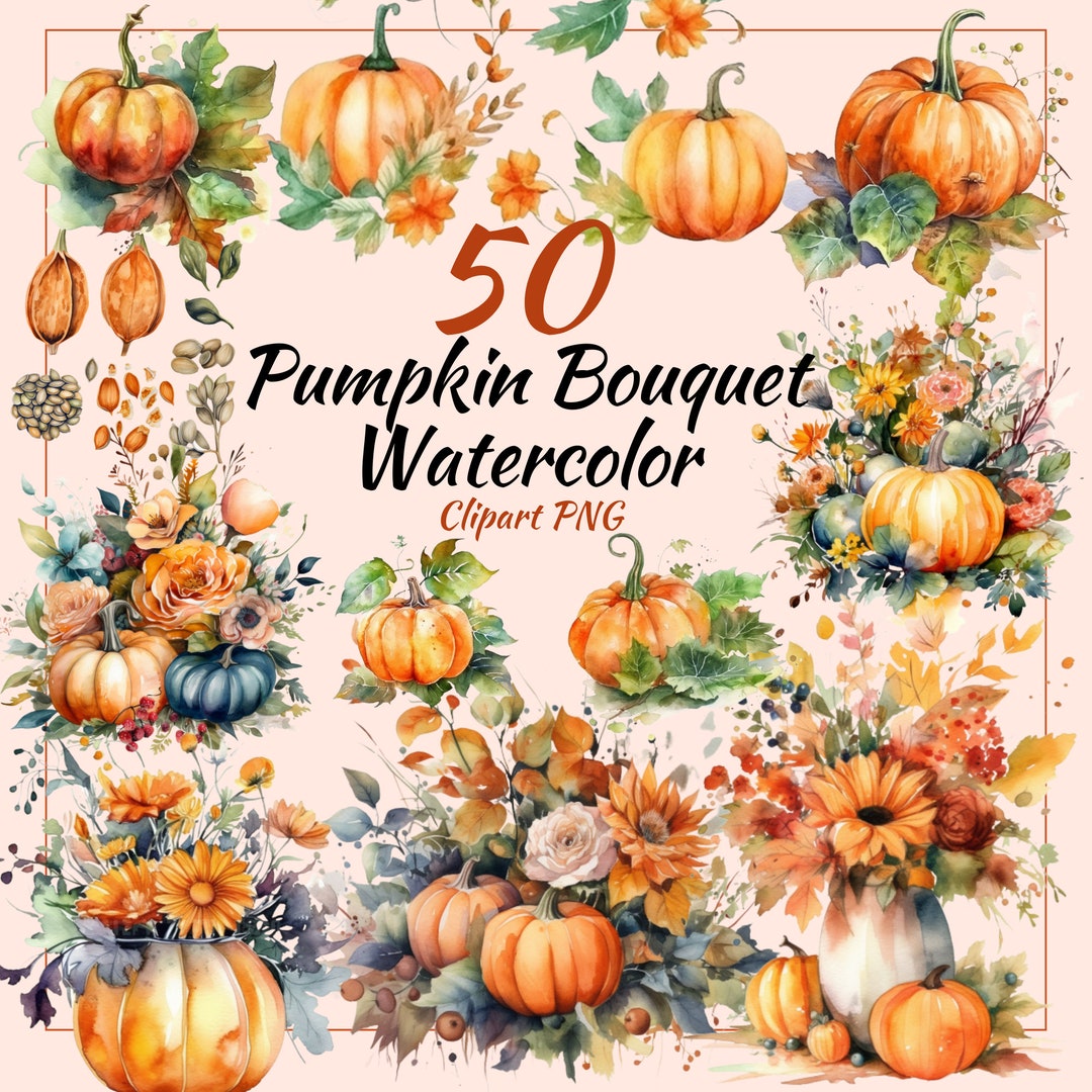 Watercolor Autumn Harvest Clipart Bundle: Colorful Pumpkin Bouquet PNG ...