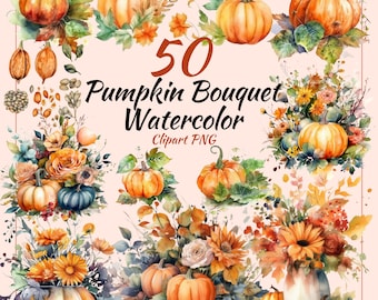 Watercolor Autumn Harvest Clipart Bundle: Colorful Pumpkin Bouquet PNG Collection, Digital Art, Wall Art, Ready to Print, Pumpkin Art