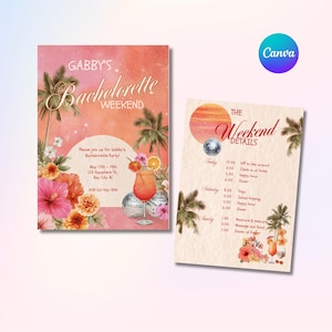 May include: A pink and orange bachelorette party invitation featuring palm trees, flowers, and a cocktail illustration. The invitation includes the text "Gabby's Bachelorette Weekend" and event details. A second card lists weekend details.