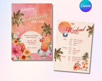 Tropical Sunset Bachelorette Party Invitation & Itinerary: Editable Canva Template (Digital Download)