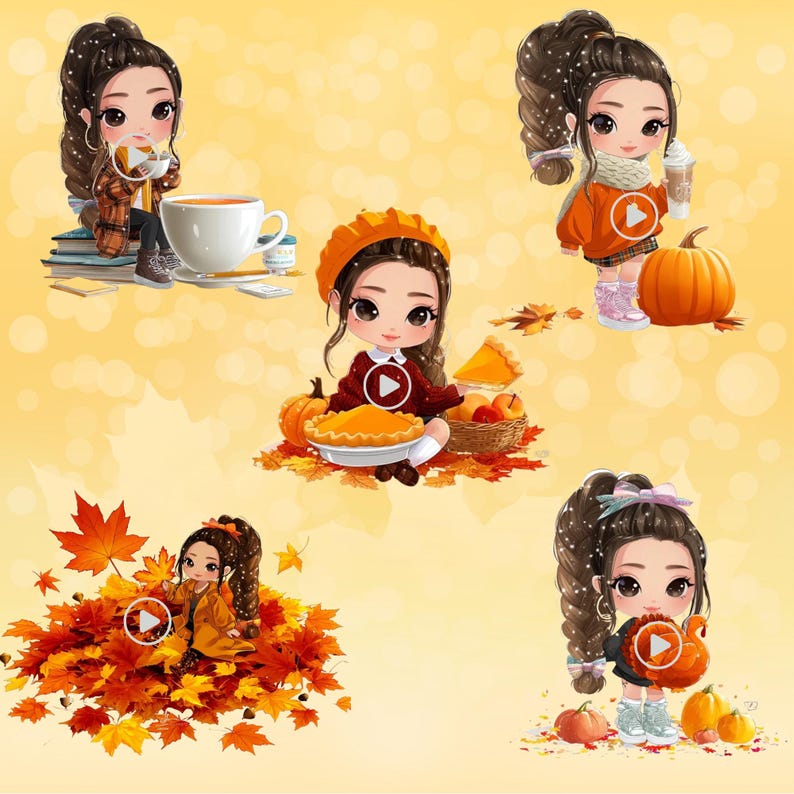 Fall Chibi Girl Clipart Bundle: Brunette Thanksgiving Pngs - Etsy
