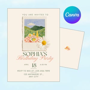 Picnic Birthday Invitation Girl, Picnic Theme Party Invite, Spring Summer Birthday Party Invite, Picnic in the Park, Editable, Printable