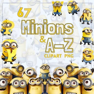 Ensemble de cliparts et alphabet inspirés des Minions joyeux : PNG de A à Z amusant et ludique, lettres Minions, aquarelle / collection 2D, téléchargement immédiat