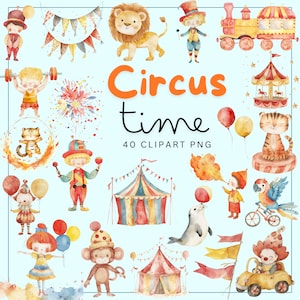 Circus Watercolor Clipart, circus tent, bear, seal, mouse, fox, bunny, circus animals, kids, boys, baby shower, nursery, Digital Download