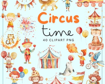 Circus Watercolor Clipart, Animals, Tent (Digital Download)