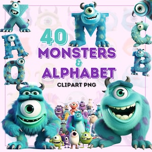 Clipart dell'alfabeto dei mostri dalla A alla Z PNG Lettere di mostri carine Immagini di apprendimento per bambini Adesivi con lettere dell'alfabeto Bambini ABC Illustrazioni colorate