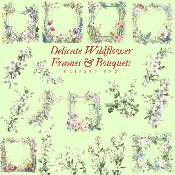 Delicate Wildflower Frames, White Flower Bouquets, Simple Wildflower Garland, Flower Wall Art, Wedding Invitation, Elegant Flower Clipart