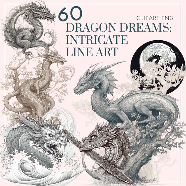 60 prachtige Line Art Dragons Clipart bundel voor tattoo artiesten PNG Graphics Instant Download, commercieel gebruik, persoonlijk gebruik, print klaar