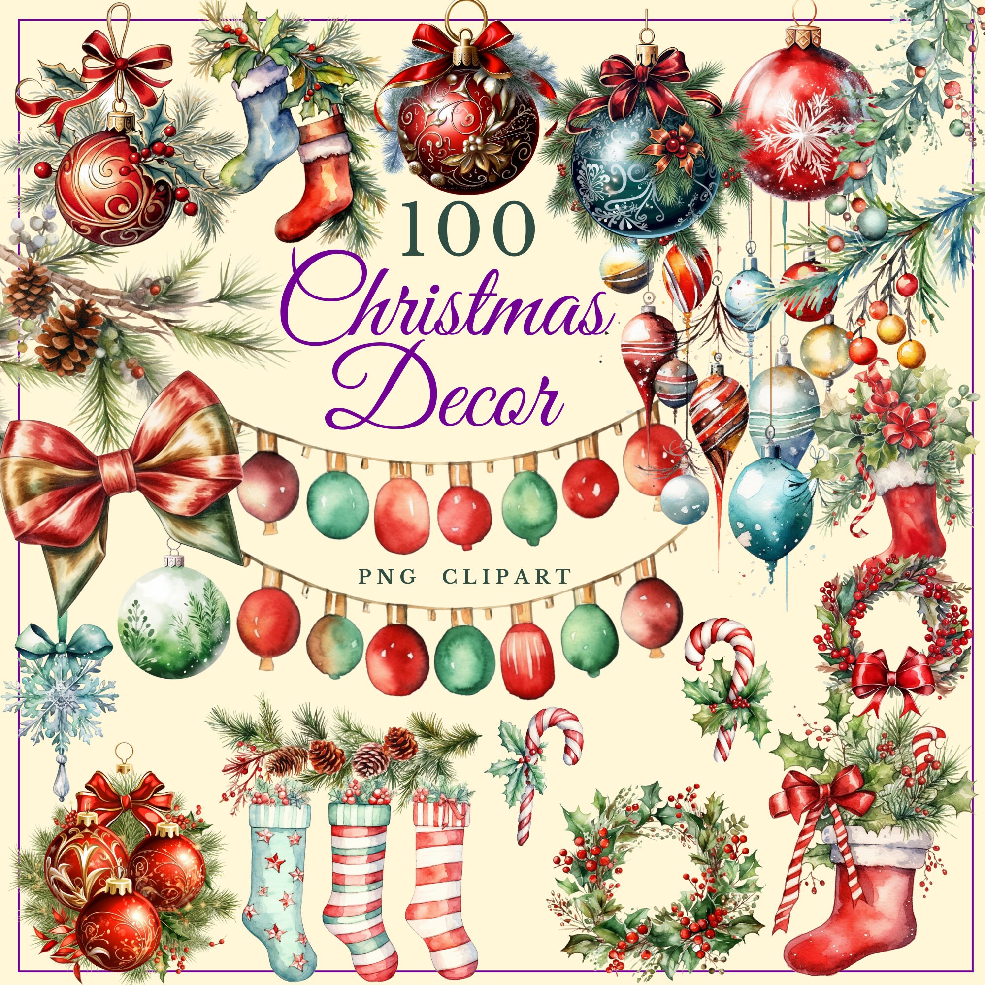 Watercolor Christmas Decor Clipart, Holiday Decor PNG, Ornaments, Holiday Lights, Socks, Holly, Holiday Ribbons. Holiday Designs, 100
