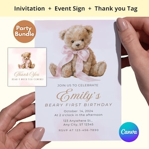 Roze Beary eerste verjaardagsuitnodiging bundel bewerkbaar, eerste verjaardag Beary uitnodigen, roze boho beer eerste verjaardagsfeestje set bewerkbaar op canvas