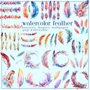 Boho Feather Clipart Watercolor Feather Frame PNG Feather Banner Graphics Colorful Feather Illustration Feather Pattern Wallpaper Watercolor