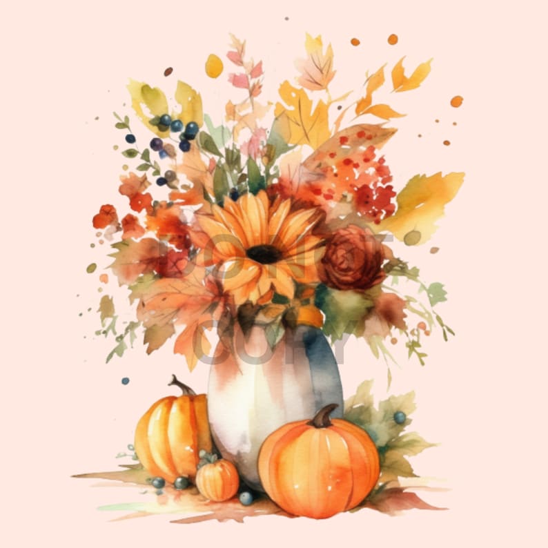 Watercolor Pumpkin Bouquet Clipart: Autumn Harvest PNG Collection ...