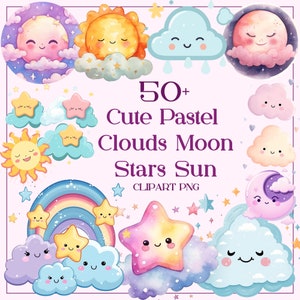Aquarelle mignon Patel nuages lune étoiles soleil arcs-en-ciel neige ciel heureux, téléchargement immédiat, prêt à imprimer, art pour chambre d'enfant, clipart météo kawaii
