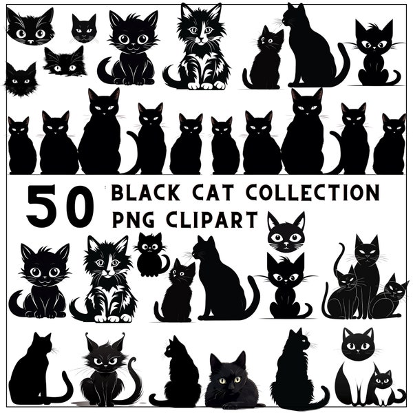 50 Black Cat Graphic PNG Collection, Transparent Background, Halloween Black Cat Art, Variety of Black Cat Images