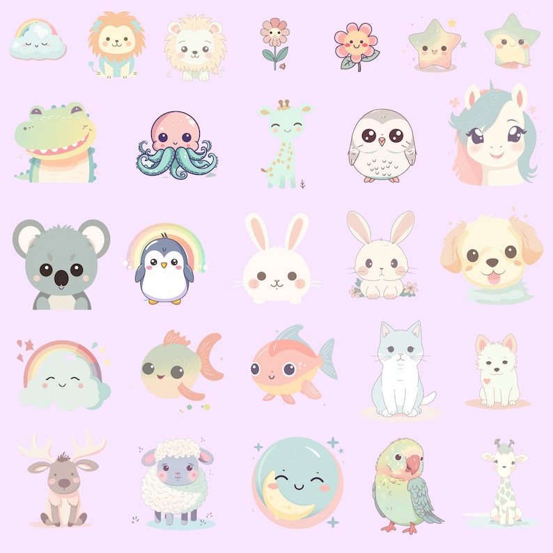 Kawaii Baby Animal Clipart Bundle Cute Pastel Animals PNG Forest