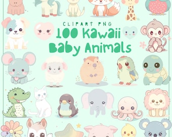 Kawaii Baby Animal Clipart Bundel Schattige Pastel Dieren PNG Bosdieren Afbeeldingen Kawaii Sticker Cartoon Dieren Kinderkamer Muur Kunst Afbeeldingen