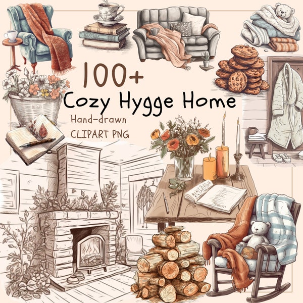 Cozy Hygge Home Clipart Collection, Confort et Charme PNG, Meubles d’hiver, Scrap Booking, DIY Craft, Paper Doll House, Cozy Collection