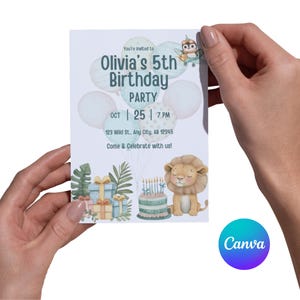 Invito di compleanno a tema animali da safari: invito per festa nella giungla (modello Canva modificabile)
