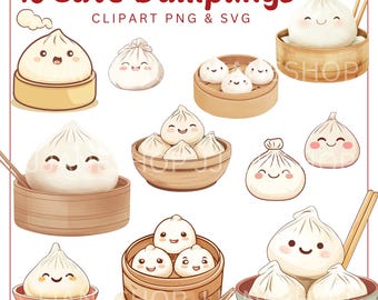 May include: Ten cute cartoon dumplings in various poses, some in steaming bamboo baskets, with smiling faces.  The text "10 Cute Dumplings" and "Clipart PNG & SVG" is at the top of the image.