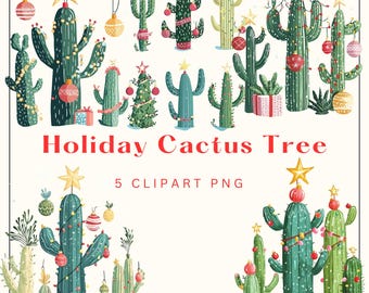 Christmas Cactus Tree Clipart, Cute Holiday Desert Illustration, Printable Cactus Clipart, Christmas Cactus PNG Cacti Clipart