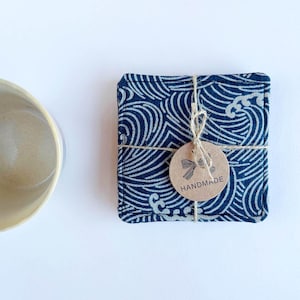Coasters, Japanese Waves Linen, Housewarming Gift Set, Handmade Chic Modern Home Table Decor, Drinks Cups Mugs Wine Glasses, Tea Ceremony