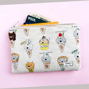 Ice Cream Cats, Kobayashi Japanese Cotton Linen Oxford Canvas, Coin Purse, Medium Size Zipper Wallet, Hand made  Pouch, Retro ID Cards Keys